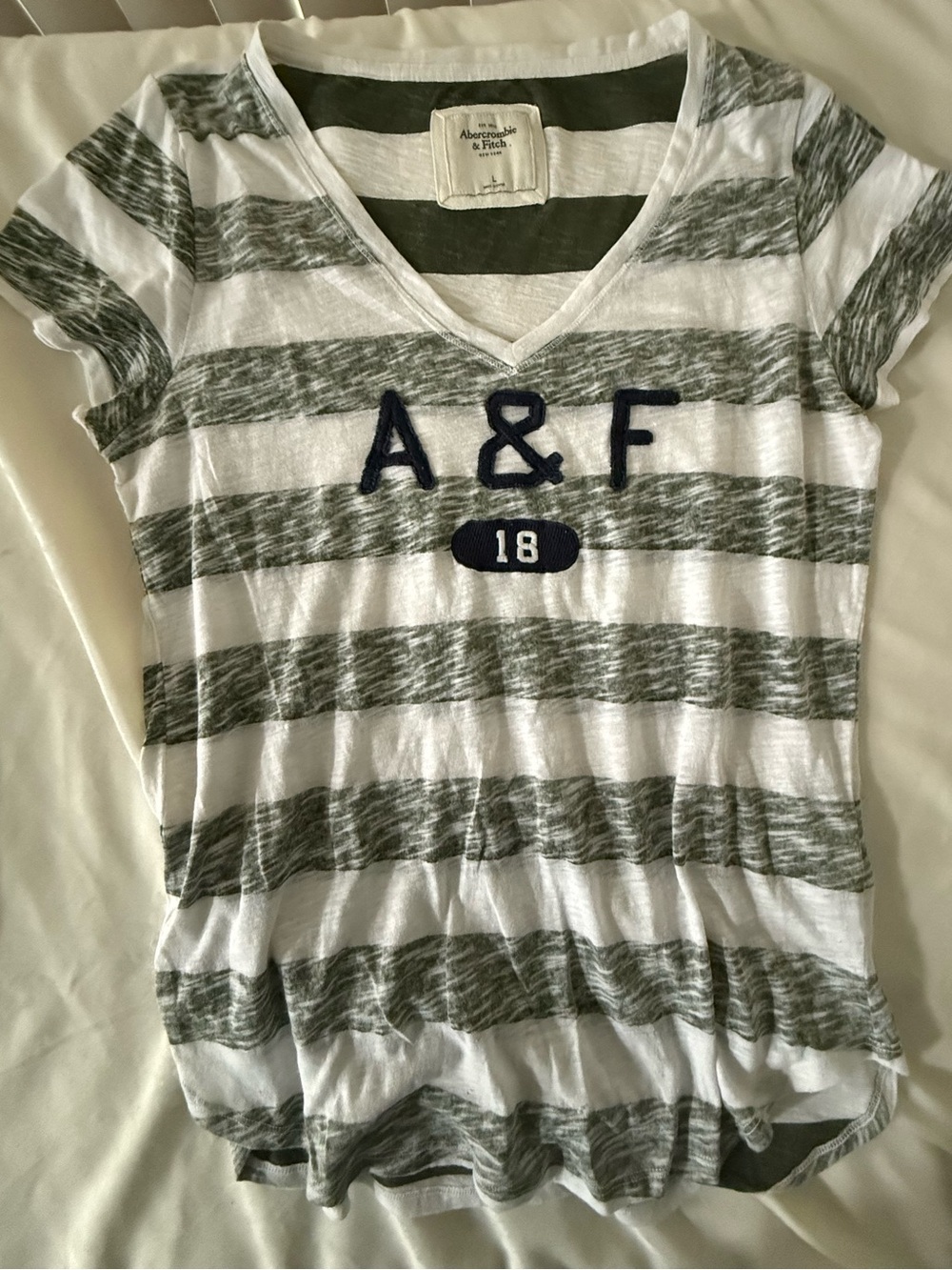 Abercrombie & Fitch Olive Green and White Striped V‑Neck Shirt